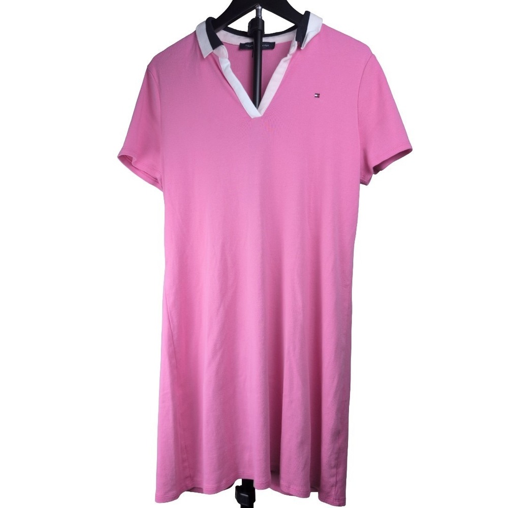 Tommy Hilfiger Women's Pink Polo Shirt Dress Cotton Contrasting Collar Large